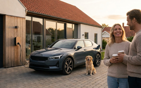 En modern laddbox installerad på en villa laddar en vit elbil tryggt på uppfarten