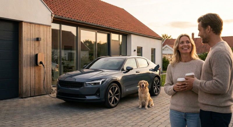 En modern laddbox installerad på en villa laddar en vit elbil tryggt på uppfarten